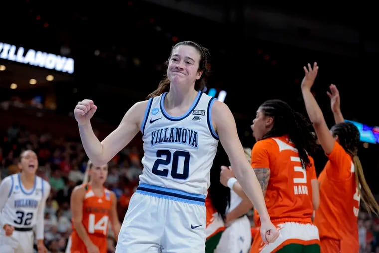 Maddy Siegrist of Villanova pumps her fist after drawing a foul against Miami during the 4th quarter of their Sweet Sixteen NCAA Women's Tournament game in Greenville, South Carolina on March 24, 2023.