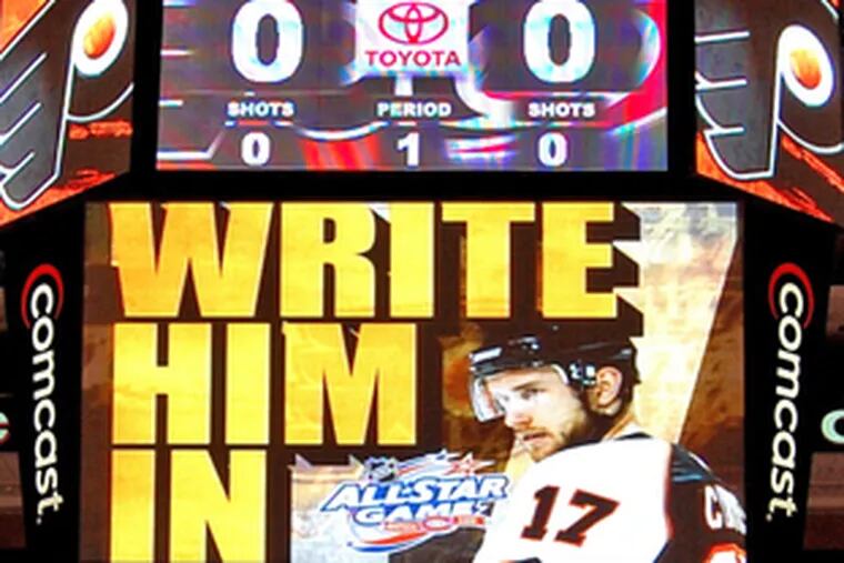 The Wachovia Center scoreboard urges fans to write in the Flyers&#0039; Jeff Carter as an all-star. He now has 12,766 votes.
