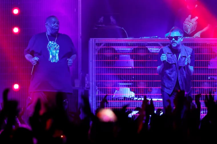Killer Mike (left) and El-P of Run the Jewels perform at the Fillmore during the Adult Swim Festival Block Party on Friday.