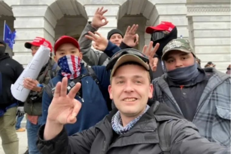 Zach Rehl (front) snaps a selfie with other members of the Philadelphia Proud Boys chapter outside the U.S. Capitol during the Jan. 6, 2020 insurrection.