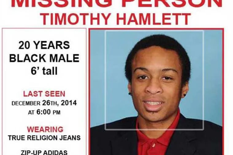 Part of a missing-person flyer being distributed for Timothy Hamlett, a former member of the University of Pennsylvania's track and field team who was reported missing from his North Jersey hometown.