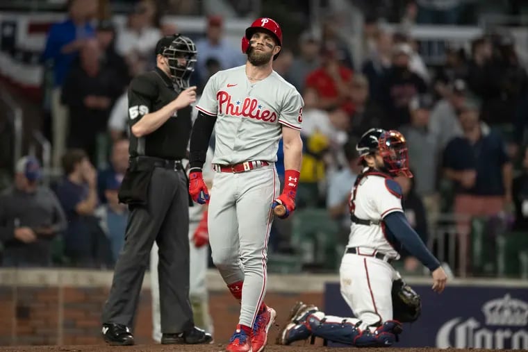 The Phillies and Bryce Harper, who had one of the team's three hits in Game 2, return home for Game 3 on Friday.