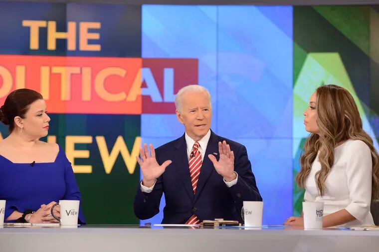 This image released by ABC shows Democratic presidential candidate Joe Biden with cohosts Ana Navarro (left) and Sunny Hostin during an appearance on "The View," Friday, April 26, 2019. (Lorenzo Bevilaqua / ABC via AP)