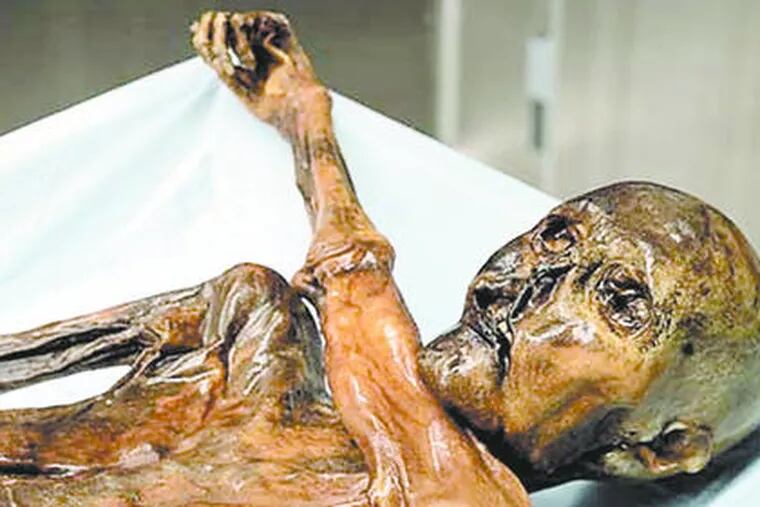Otzi, the 5,300-year-old Iceman, is kept in a refrigerated cell in the South Tyrol Museum of Archaeology in Bolzano, Italy. He was found 17 years ago in the Alps.