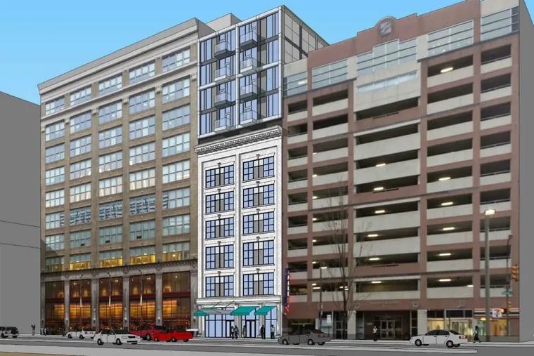 A rendering of 142 N. Broad St., across from the Pennsylvania Convention Center, showing 142’s conversion into a 101-unit apartment building.