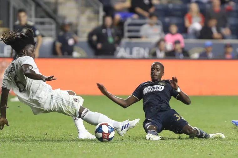 Lalas Abubakar, left, of the Rapids and Jamiro Monteiro of the Union go after the ball during the 1st half at Talen Energy Stadium on May 29, 2019.
