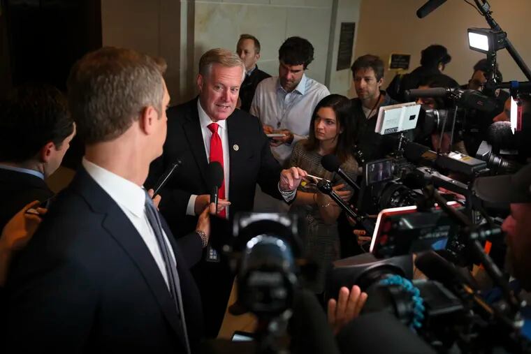 Rep. Mark Meadows, R-N.C., addresses the media about the House impeachment inquiry on Monday, Nov. 4, 2019, in Washington.
