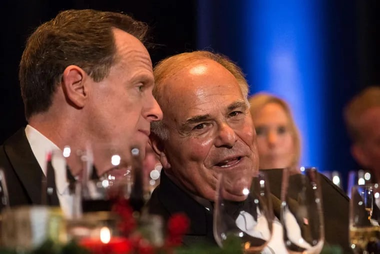 Sen. Pat Toomey (left) and ex-Gov. Ed Rendell at the Pennsylvania Society dinner. Earlier, Donald Trump addressed Pa. Republicans, who might matter this primary.