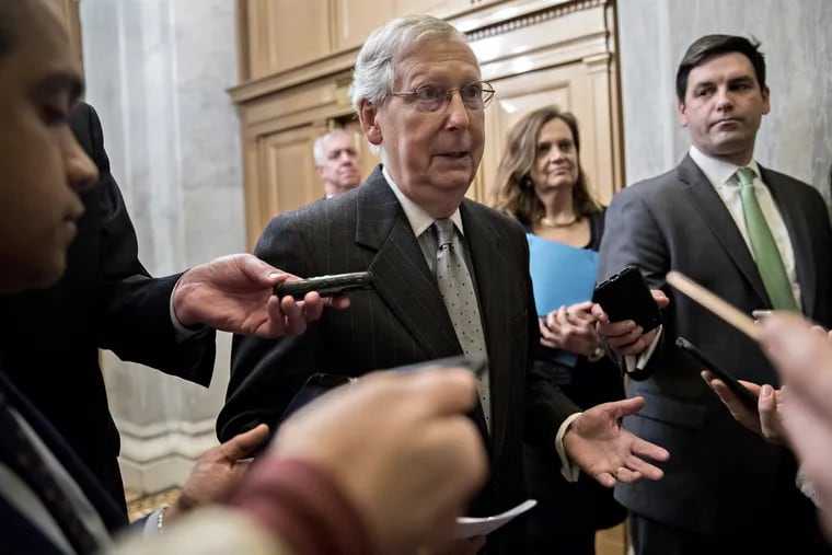 Senate Majority Leader Mitch McConnell (R, Ky.) speaks to reporters earlier this month.
