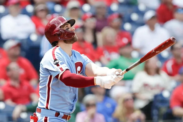 Phillies Bryce Harper bats against the Milwaukee Brewers on Thursday, May 16, 2019 in Philadelphia.