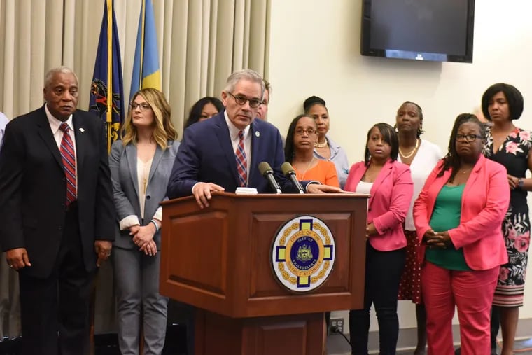 Philadelphia District Attorney Larry Krasner speaks at a press conference introducing the new members of the Crime Victims Advisory Committee and reads their stories at a press conference on Thursday, June 21, 2018.