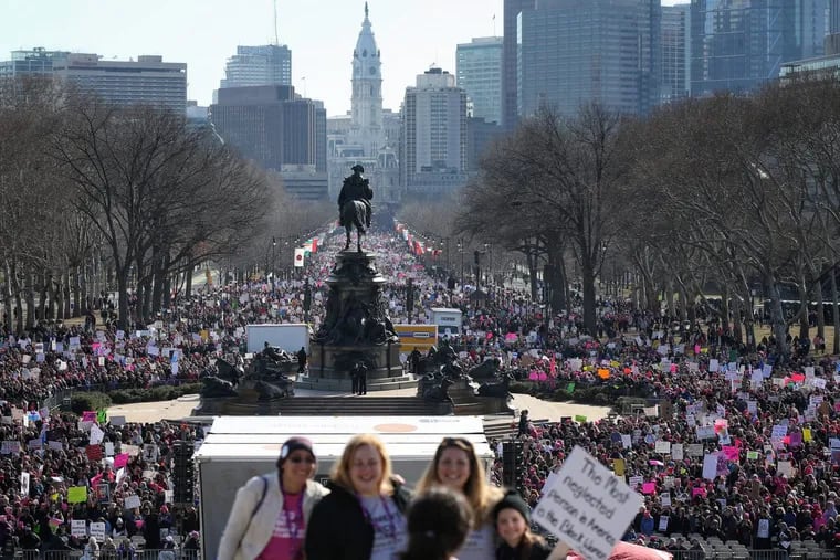 A crowd gathers on the Ben Franklin Parkway during the Women’s March on Philadelphia, on Jan. 20, 2018.