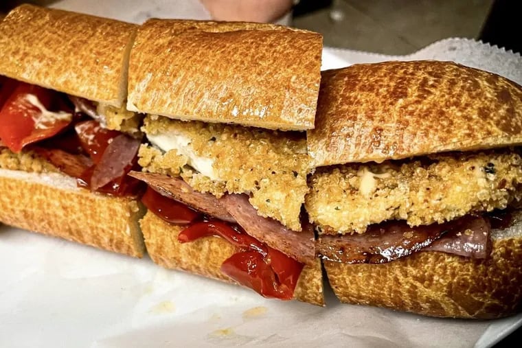 The Nipotina sandwich at Nipotina, opening  at 21st and Wolf Streets in South Philadelpia, is chicken cutlet, fried Genoa salami, chipotle mayo, and fried red sweet peppers. It's finished with pepper oil.