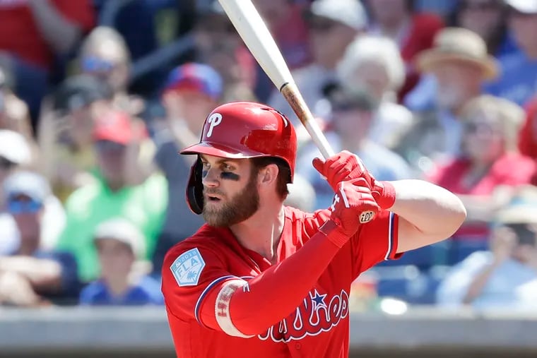 Phillies Bryce Harper bats against the Toronto Blue Jays in a spring training game on Saturday, March 9.