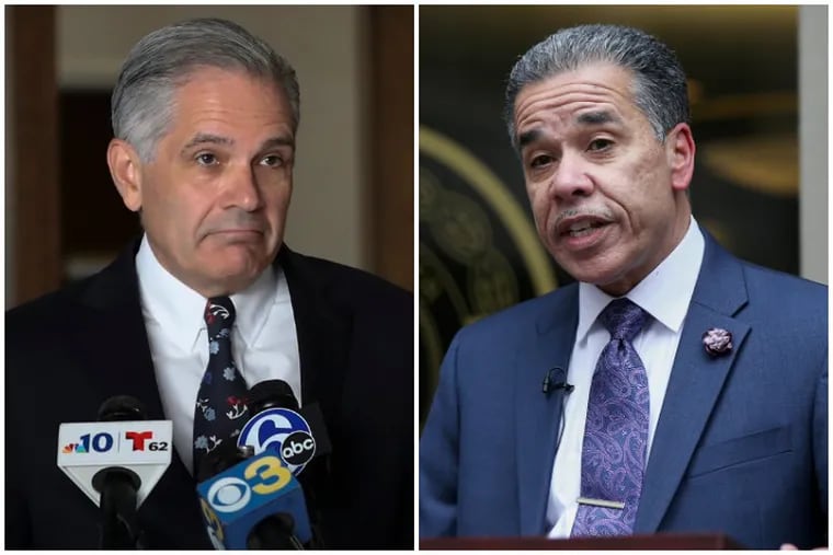 Philadelphia District Attorney Larry Krasner (left) speaks during a news conference at his office in July 2020. Carlos Vega (right) announces his plans in December 2020 to challenge Krasner in the May 18. Democratic primary election.