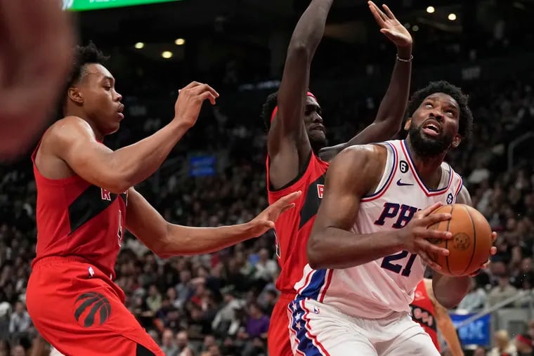 Sixers center Joel Embiid could miss the Sixers' game against the Raptors as his right knee recovers.