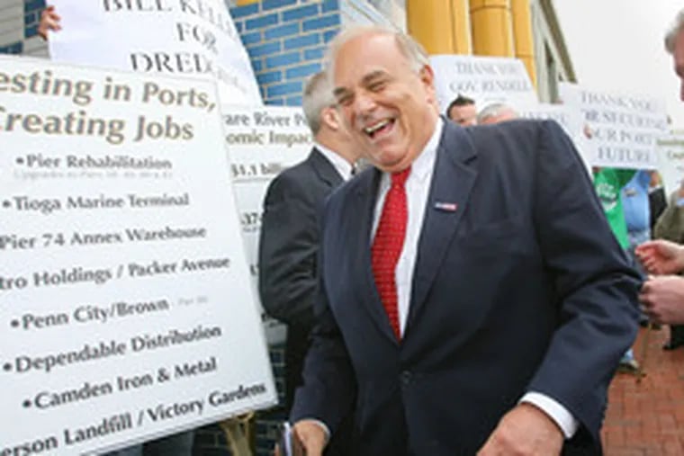 A happy Gov. Rendell leaves yesterday&#0039;s news conference at the Delaware River Port Authority headquarters in Camden.