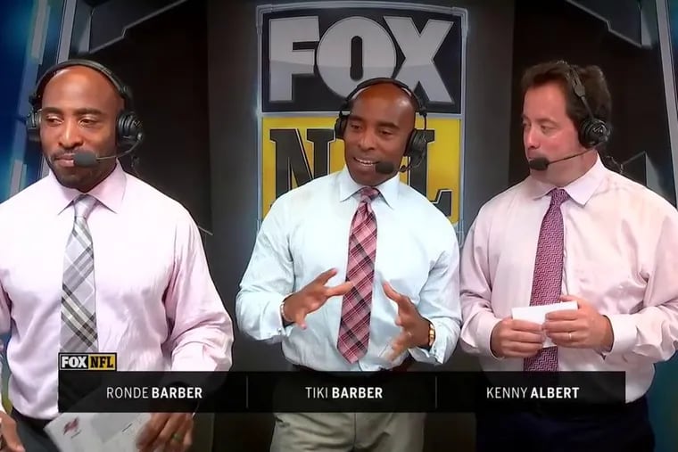 Twin brothers Ronde and Tiki Barber will call today's Eagles-Buccaneers game on Fox alongside play-by-play announcer Kenny Albert.