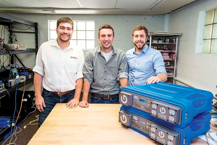 Friends since elementary school (from left) Andrew Leonard, Patrick Murphy, and Jason Halpern, all 29, formed Gridless Power, which makes portable battery packs, four years ago. They say the Stellar StartUps honor could not come at a better time for the growing Collingswood company to get the word out. MARGO REED / Staff Photographer