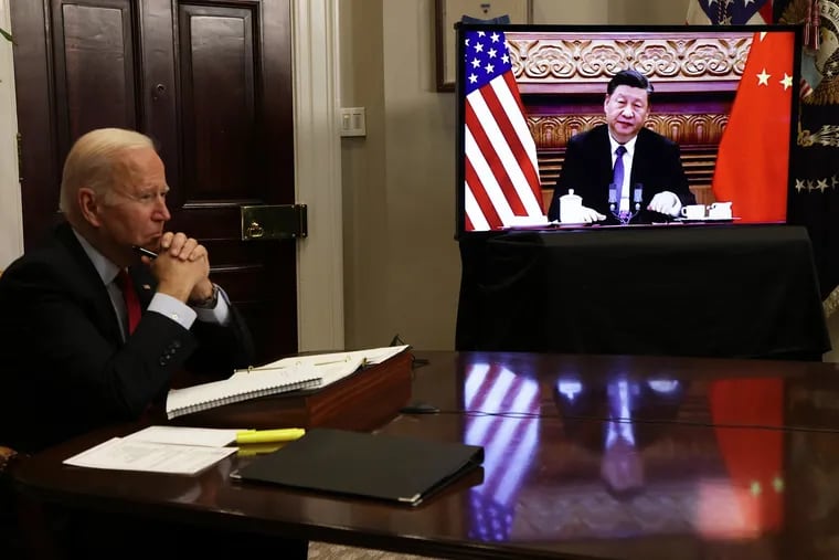 President Joe Biden participates in a virtual meeting with Chinese President Xi Jinping at the Roosevelt Room of the White House on Nov. 15, 2021, in Washington, D.C.