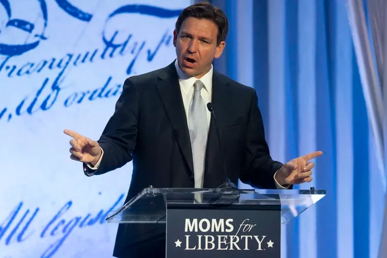 Florida Gov. Ron DeSantis, a GOP presidential contender, addresses the Moms for Liberty Annual Summit meeting in Center City last month.