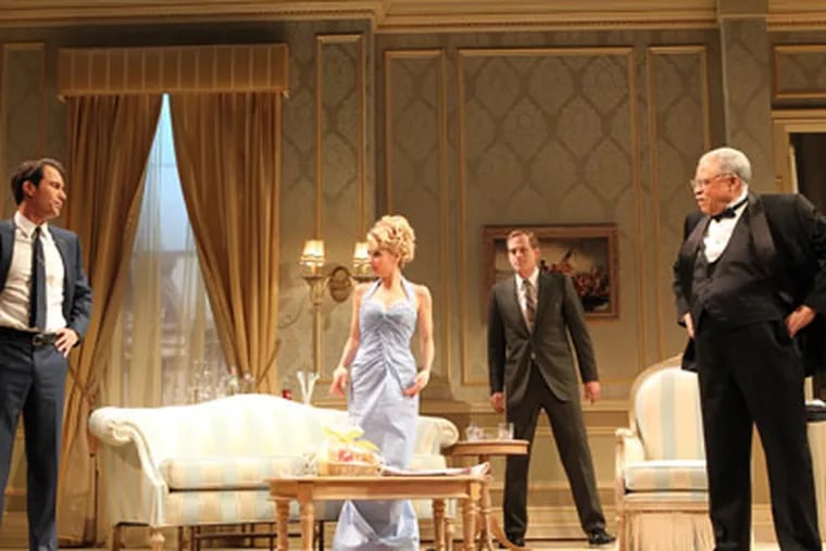 In this undated theater publicity image released by Jeffrey Richards Associates, from left, Eric McCormack, Kerry Butler, Corey Brill and James Earl Jones are shown in a scene from Gore Vidal's "The Best Man," in New York. (AP Photo/Jeffrey Richards Associates, Joan Marcus)