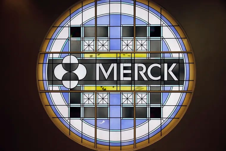 This 2014 photo,shows the Merck logo on a stained glass panel at a Merck building in Kenilworth, N.J.