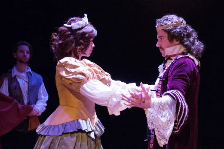 &quot;The Three Musketeers&quot;: Julia Frey (as Queen Anne) and Sean Close (as Louis XIII), with Connor Hammond (as d'Artagnan) in the background, from Quintessence Theatre Group at Sedgwick Theater in Chestnut Hill.