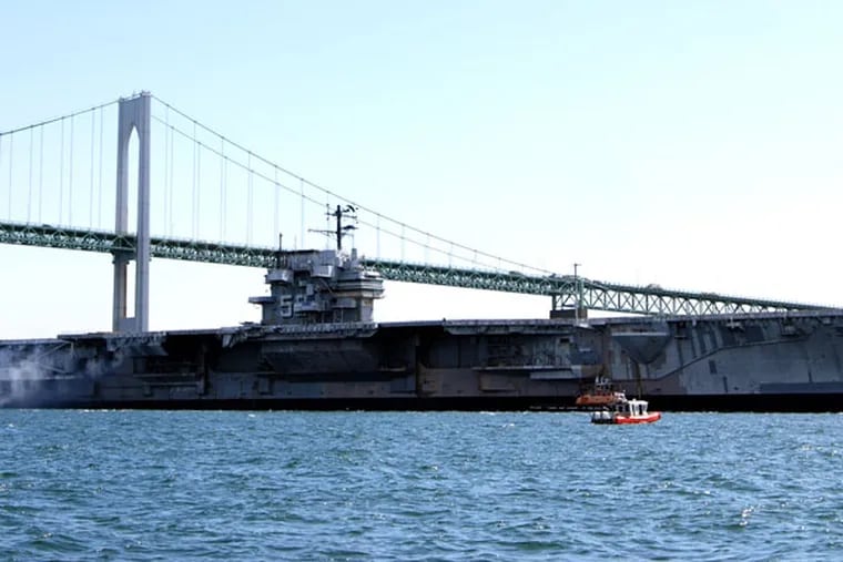 Weather permitting, the USS Forrestal will leave Philadelphia on Tuesday on its last voyage to a scrap yard in Texas. (U.S. Navy photo by Senior Chief Mass Communication Specialist Melissa F. Weatherspoon)