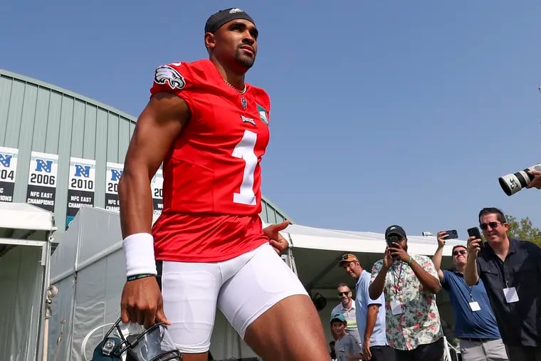 Eagles quarterback Jalen Hurts enters for the first day of training camp at the NovaCare Complex in Philadelphia on Wednesday, July 26, 2023.