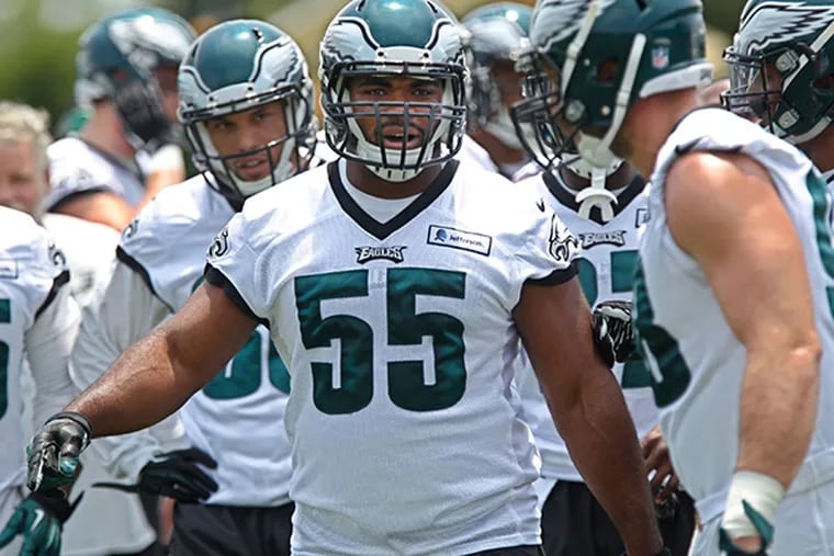 Eagles #55, Brandon Graham, center, works through his defensive drills during practice on Monday afternoon. Eagles practice at the NovaCare Center. 06/08/2015 ( MICHAEL BRYANT  / Staff Photographer )