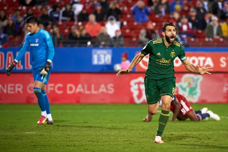 Portland Timbers midfielder Diego Valeri celebrates after scoring a goal against FC Dallas during the second half.