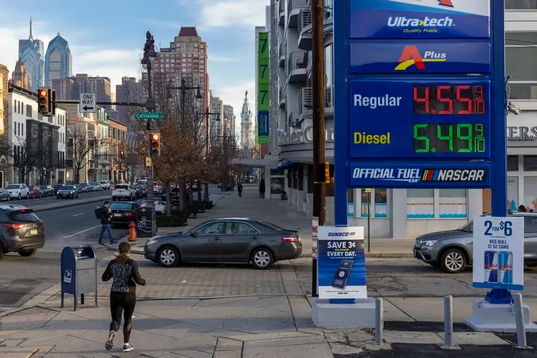 Gasoline was $4.55 a gallon at the Sunoco at South Broad and Catharine Streets in Center City on Thursday morning, the day fuel prices in the region hit their peak.
