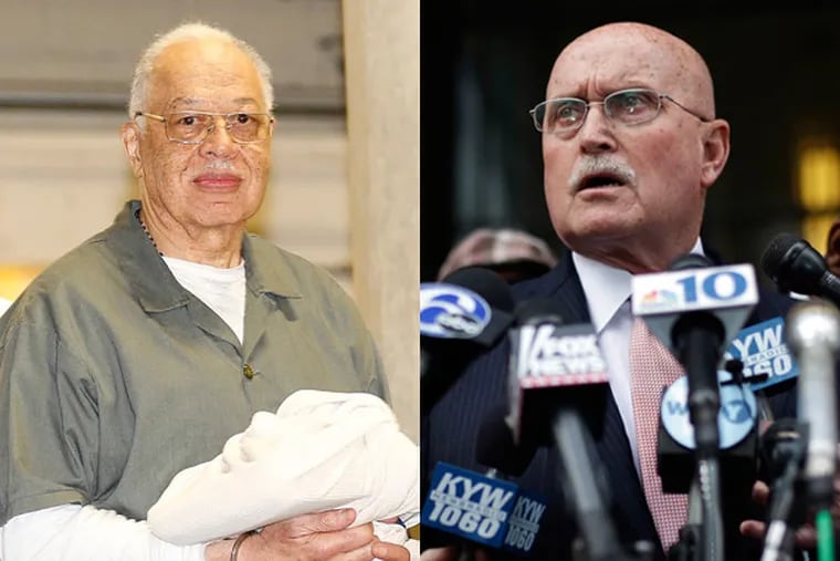 Left: Kermit Gosnell gets escorted to a van leaving the Criminal Justice Center after being convicted. Right: Attorney Jack McMahon speaks to reporters after his client was found guilty. (Staff Photos)