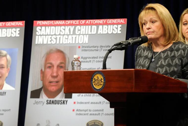 Pennsylvania Attorney General Linda Kelly discusses the details of the Jerry Sandusky child sex crimes investigation November 7, 2011, at the State Capitol. ( TOM GRALISH / Staff Photographer )