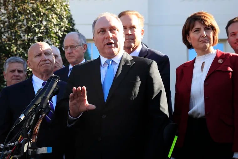 Rep. Rep. Steve Scalise, R-La., center, together with Rep. Kevin Brady, R-Texas, left, and Rep. Cathy McMorris Rodgers, R-Wa., right, and other Republican members of Congress speaks to reporters outside the West Wing of the White House following a meeting with President Donald Trump at the White House in Washington, Tuesday, March 26, 2019. (AP Photo/Manuel Balce Ceneta)