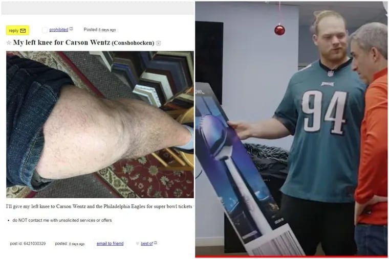At left, Brian Coll’s Craigslist ad for his knee and at right, Eagles player Beau Allen surprises Darren Sudman with Super Bowl LII tickets.