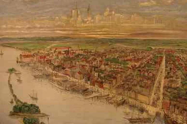 Reginald Beauchamp's &quot;Philadelphia Then and Now,&quot; combining 1847 and 1947 vistas, will be a highlight of Alderfer's fine-art sale next Friday, expected to bring $3,000 to $5,000.