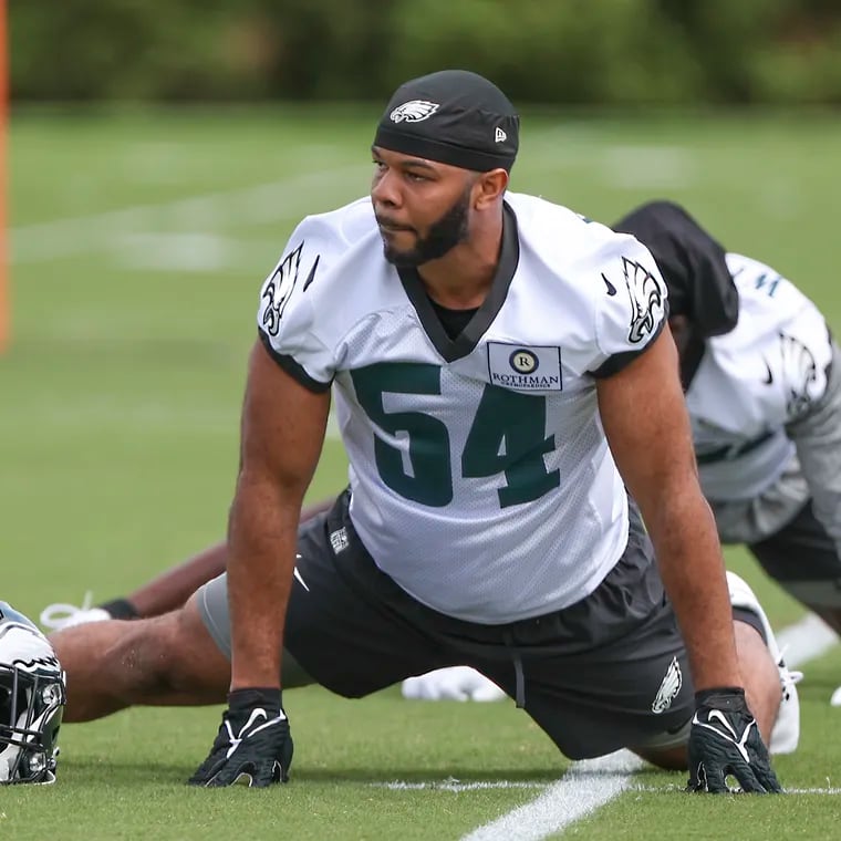 Eagles linebacker Jeremiah Trotter Jr. warms up during rookie minicamp at the NovaCare Complex in Philadelphia on Friday, May 3, 2024.
