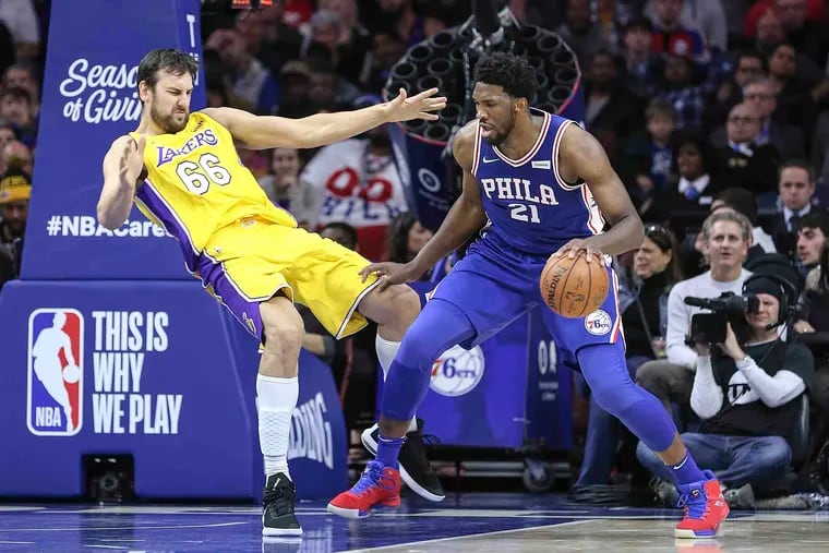 The Sixers' Joel Embiid scored a career-high 46 points against the Lakers in L.A. last November, then scored another 33 against them at the Wells Fargo Center a couple weeks later on Dec. 7, 2017.