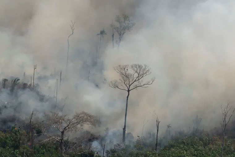 Fire consumes an area near Porto Velho, Brazil, Friday, Aug. 23, 2019. Brazilian state experts have reported a record of nearly 77,000 wildfires across the country so far this year, up 85% over the same period in 2018. Brazil contains about 60% of the Amazon rainforest, whose degradation could have severe consequences for global climate and rainfall.