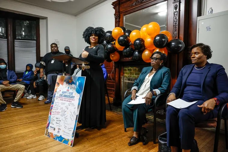Angelic Bradley, center, program director of CERC,IDAAY speaks during a press event Tuesday, October 31, 2023 celebrating the first year of operation for their curfew center in North Philadelphia. Sitting at right are Vanessa Garrett Harley, deputy mayor, Office of Children and Families, and Kimberly Ali, DHS commissioner.