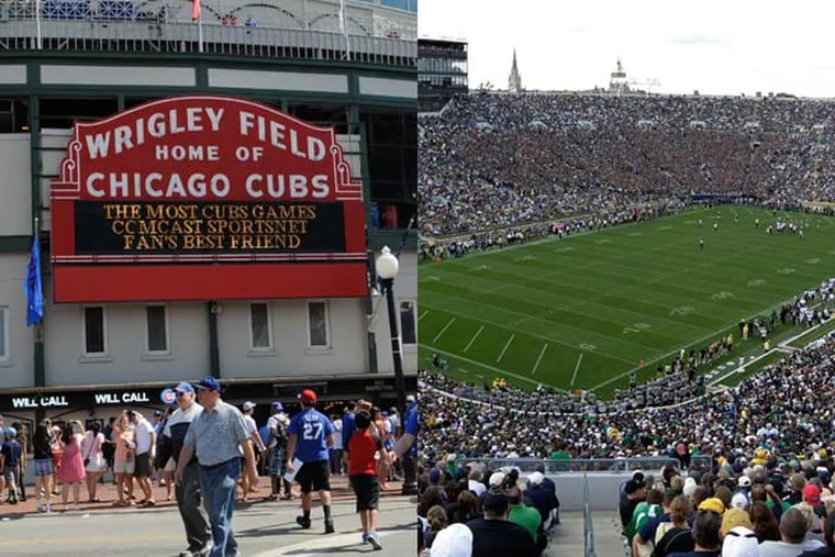 Wrigley Field in Chicago and Notre Dame Stadium in South Bend, Ind. (AP Photos)