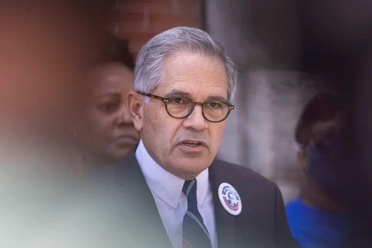 District Attorney Larry Krasner speaks at a news conference with his supporters at the Guardian Civic League on May 14, 2021.