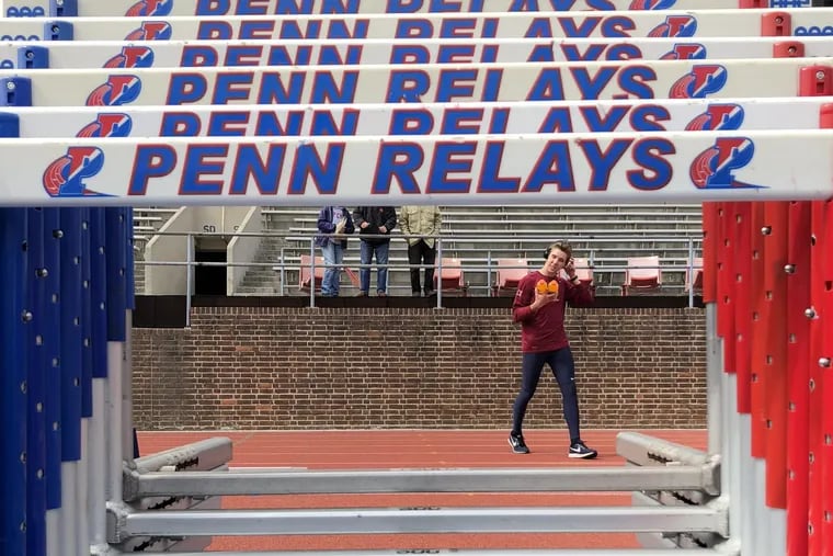 Penn’s Alex Sislo walks across the track before the start of the Penn Relays men’s decathlon at Franklin Field in Philadelphia, PA on April 24, 2018.