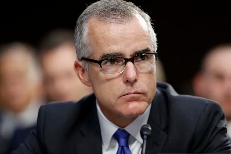 Then FBI Acting Director Andrew McCabe listens during a Senate Intelligence Committee hearing on Capitol Hill in Washington.
