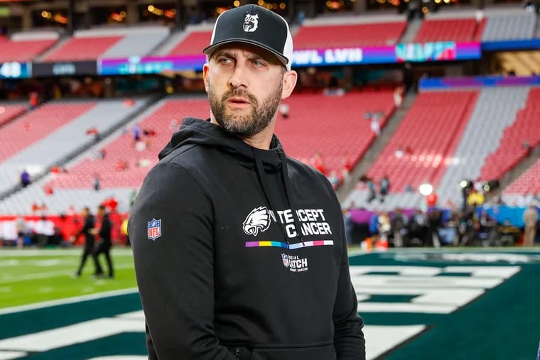 Eagles head coach Nick Sirianni on the field before the start of Super Bowl LVII against the Kansas City Chiefs at State Farm Stadium on Sunday, Feb. 12, 2023, in Glendale, AZ.