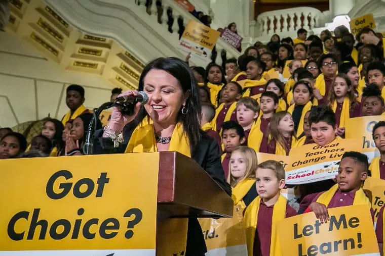 Ana Meyers, executive director of the Coalition of Public Charter Schools, speaks at the Capitol in Harrisburg for National School Choice Week in 2019.