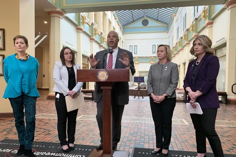 A group of Democratic state senators said a news conference Wednesday they want to reform the largely-secret nomination process for filling judicial vacancies. Pictured from right-to-left: Sen. Katie Muth (D., Montgomery), Sen. Maria Collett (D., Montgomery), Sen. Anthony Williams (D., Philadelphia), Sen. Lindsey Williams (D., Allegheny) and Maida Milone, president and CEO of Pennsylvanians for Modern Courts.