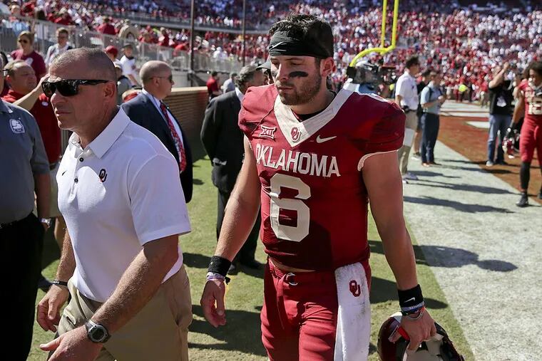 Oklahoma quarterback Baker Mayfield (6) walks off the field after an NCAA college football game against Iowa State in Norman, Okla., Saturday, Oct. 7, 2017. Iowa State defeated No. 3 Oklahoma 38-31.